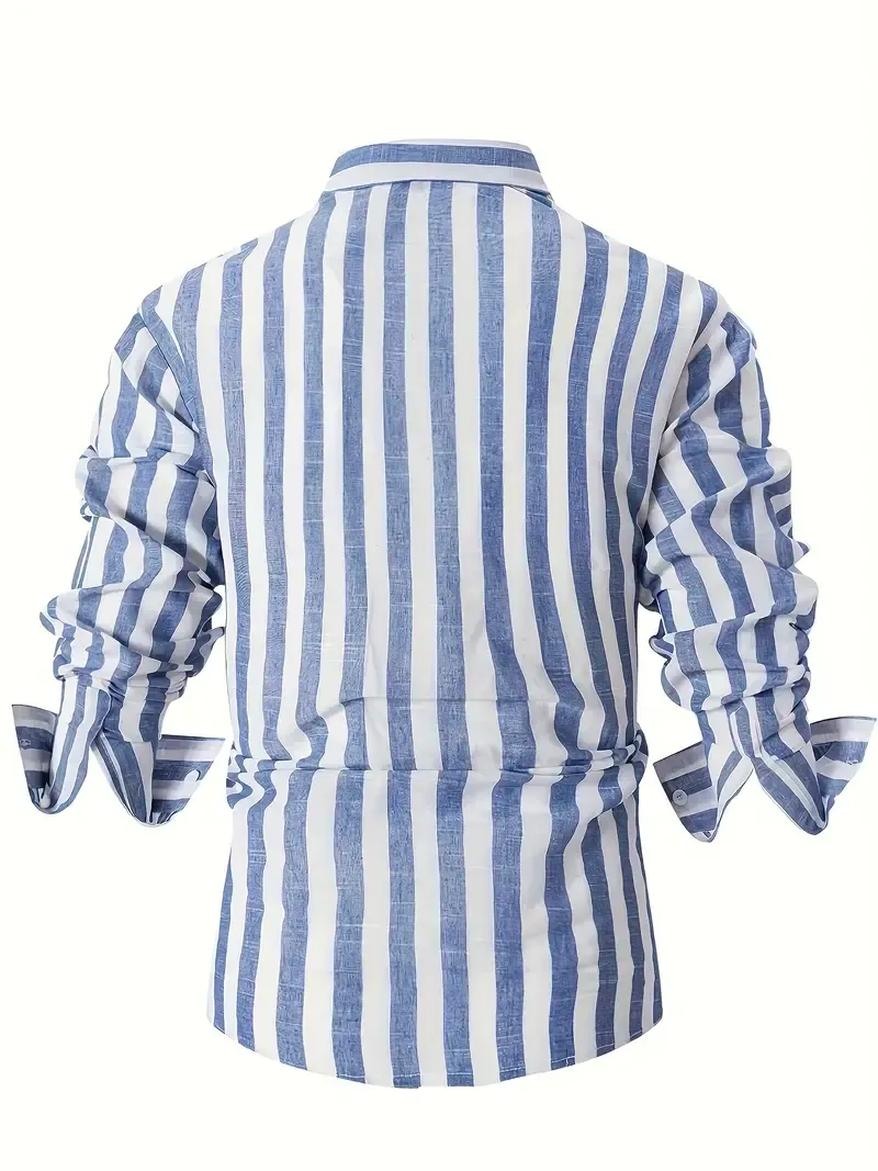 Men's Contrast Color Striped Long Sleeve Single-breasted Lapel Shirt, Spring And Autumn Fashion Cotton Linen Blend Top For Dating And Beach Holiday Wear, Top As Gift