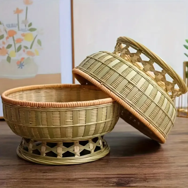 1 pc Handcrafted Bamboo Woven Basket for Snacks & Fruits - Elegant High-Foot Design, Perfect for Kitchen Organization