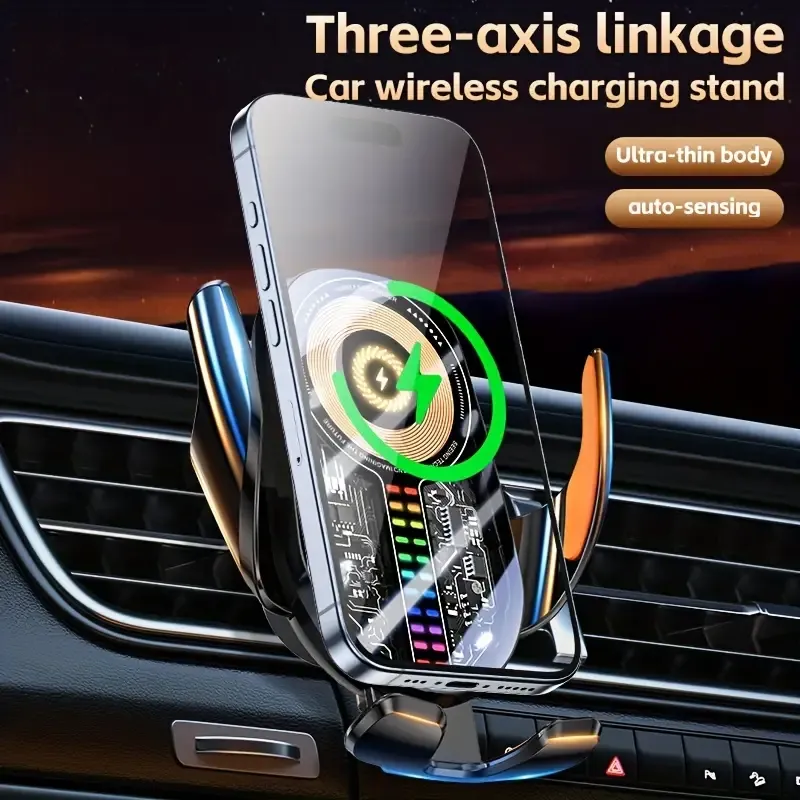 Upgraded Smart Wireless Car Charger Stand with Touch Sensor, 15W Fast Charging, USB Charging, ABS Material, Rechargeable Lithium Polymer Battery, Built-in Battery, Music Ambient Light