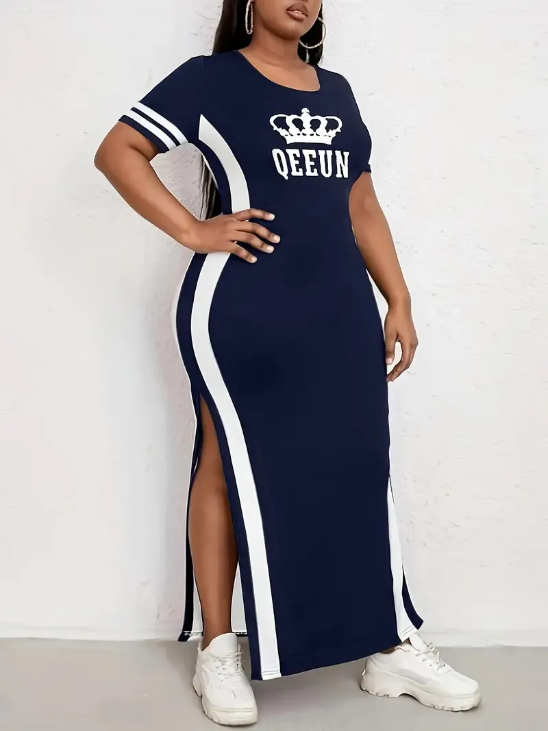 Plus Size Glamorous Crown & Letter Print Dress with Flirty Slit