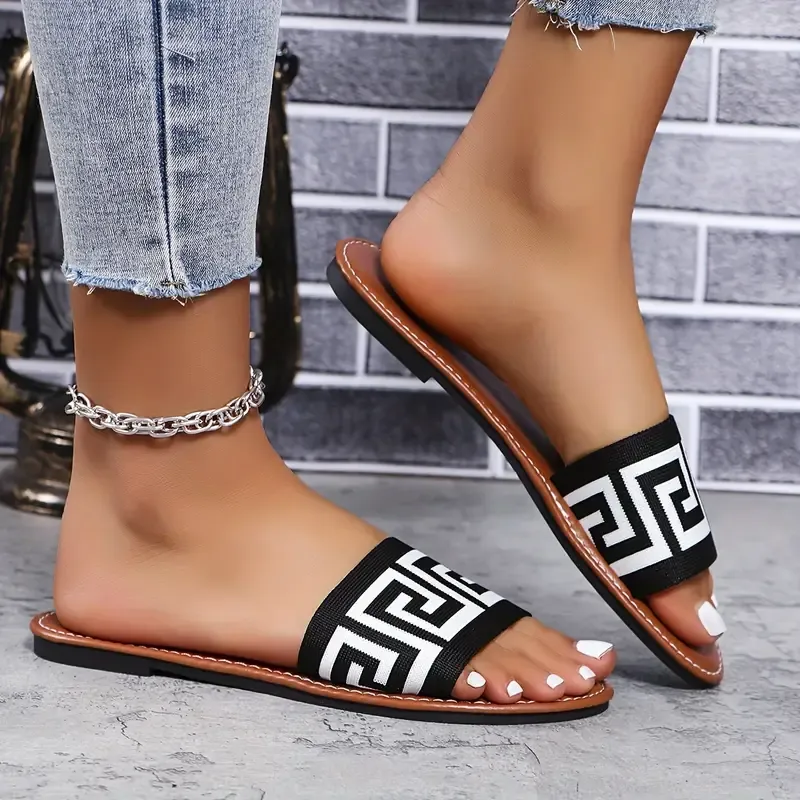 Women's Greek Print Sandals, Slip On Lightweight Flat Summer Vacation Slides, Casual Beach Slides