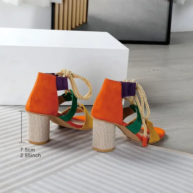 Women's Colorblock Stylish Sandals, Lace Up Cut Out Versatile Chunky Heels, Breathable Summer Shoes