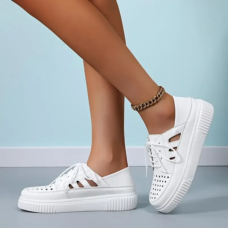 Chic Women's Breathable Sneakers - Comfortable Lace-Up Casual Shoes With Hollow Design, Soft Sole For Spring & Fall