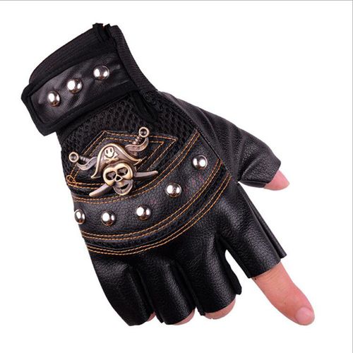 Half Finger Outdoor Sports Cycling Gloves, Pirate Leather Punk Style with Buckle Closure, Non-Woven Fabric, Hand Washable - Pair
