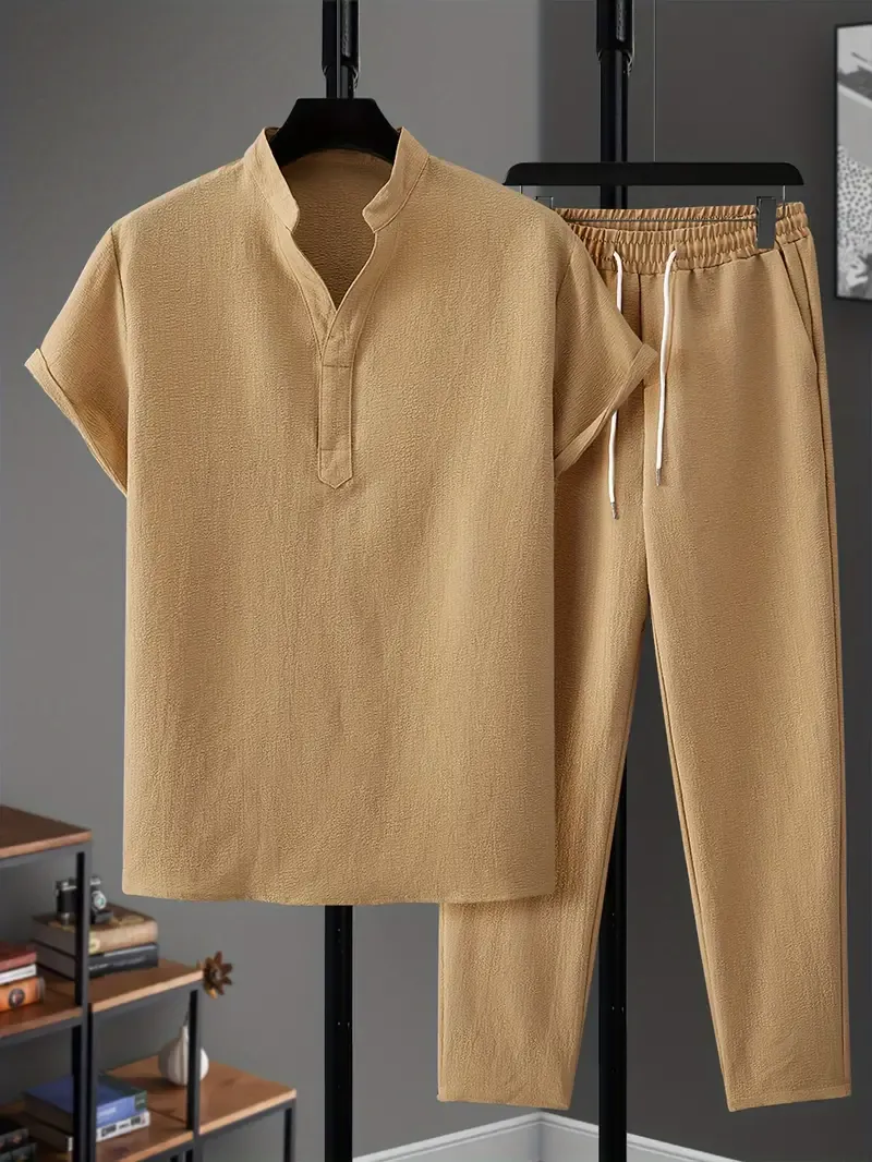 Men's Casual Outfit Set, Polyester Blend, V-Neck, Pockets, Regular Fit, Machine Washable, No Print