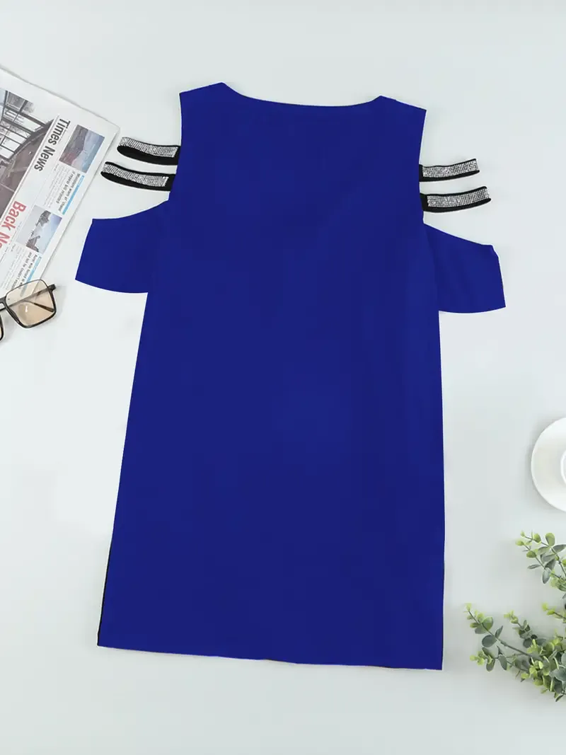Women's Casual Rhinestone Embellished Cut Out Sleeve V Neck Top and Ripped Shorts - Fashionable