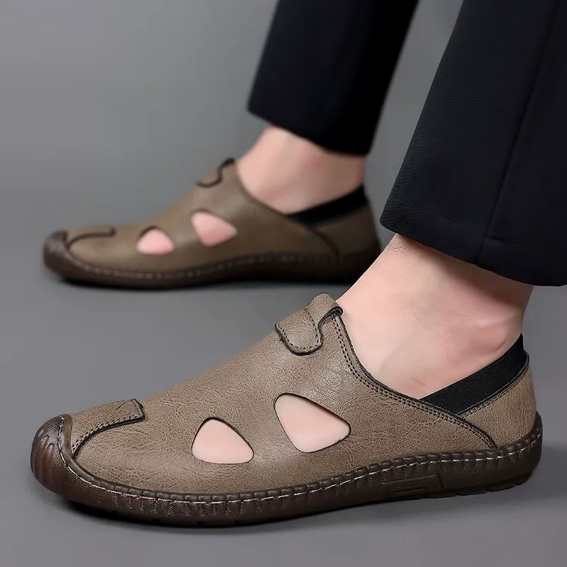 Summer new men's high-quality leather breathable and durable sandals hollow casual shoes