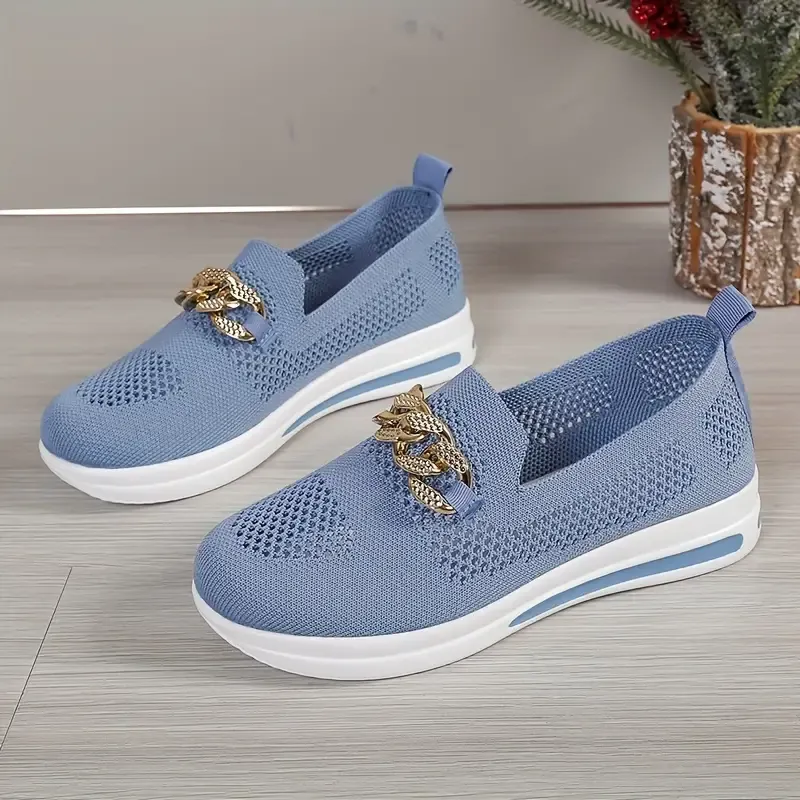 Women's Chian Decor Loafers, Breathable Knit Slip On Outdoor Shoes, Women's Comfortable Shoes