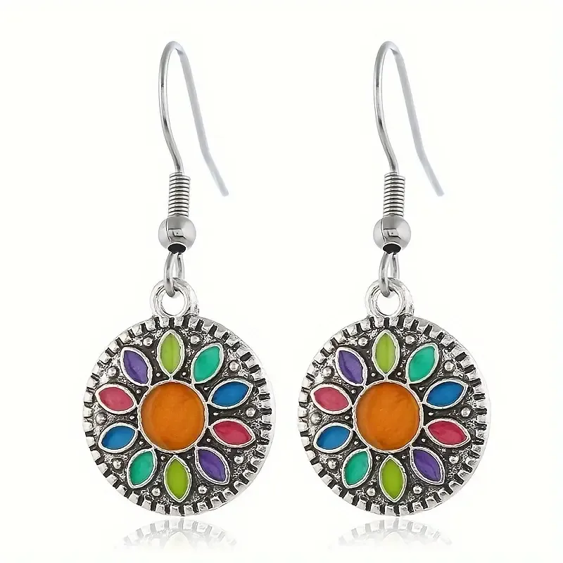 🔥🔥Hot Sale Promotion -Vintage Round Oil Drop Flower Dangle Earrings For Women, Alloy & Copper Earring Set, Retro Elegant Jewelry For Daily Wear