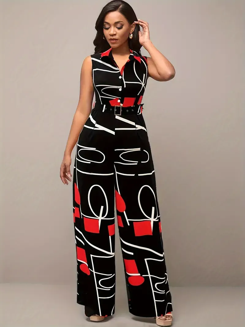 Geo Print Button Front Jumpsuit, Elegant Sleeveless Jumpsuit For Spring & Summer, Women's Clothing