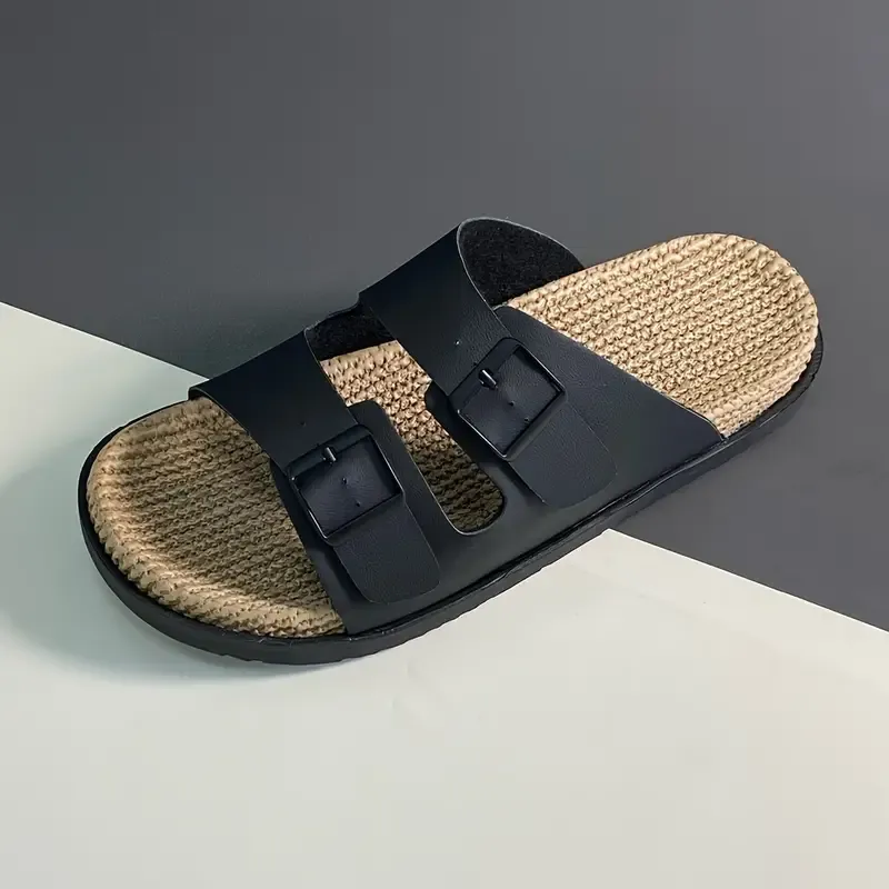 Men's Vintage Solid Color Open Toe Breathable Slippers, Comfy Non Slip Casual Durable Double Buckle Straps Slides, Men's Footwear