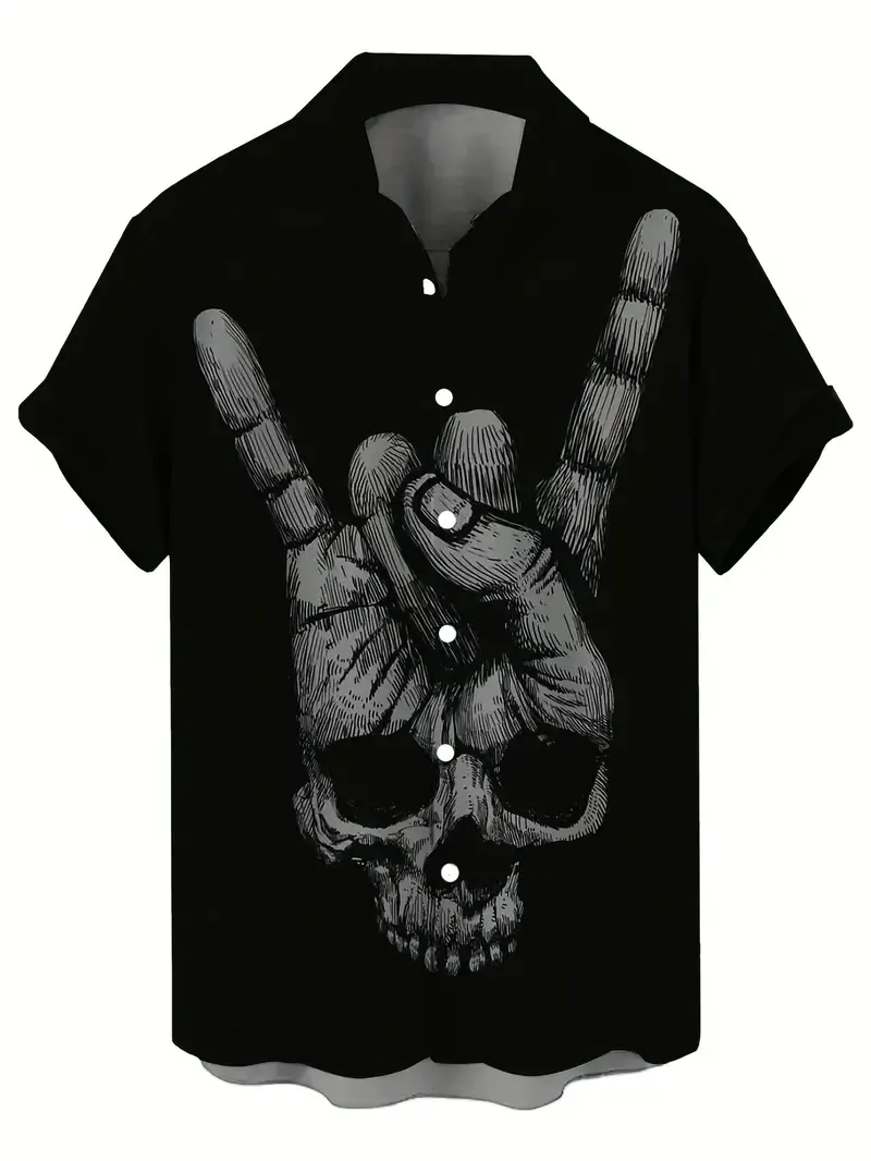 Skull Print Men's Summer Fashionable And Simple Short Sleeve Button Casual Lapel Shirt, Trendy And Versatile, Suitable For Dates, Beach Holiday, As Gifts