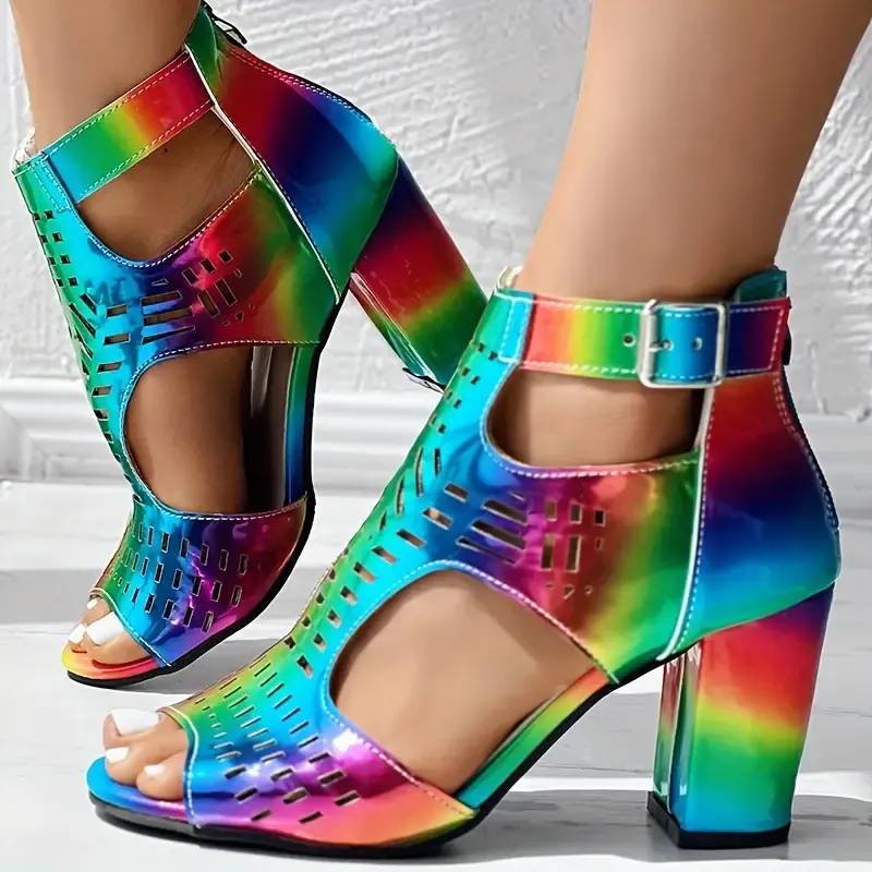 Women's Colorful Cut-Out Peep Toe Chunky Heels With Buckle, Fashion Rainbow High Heels Sandals, Side Zipper Block Heel Party Shoes