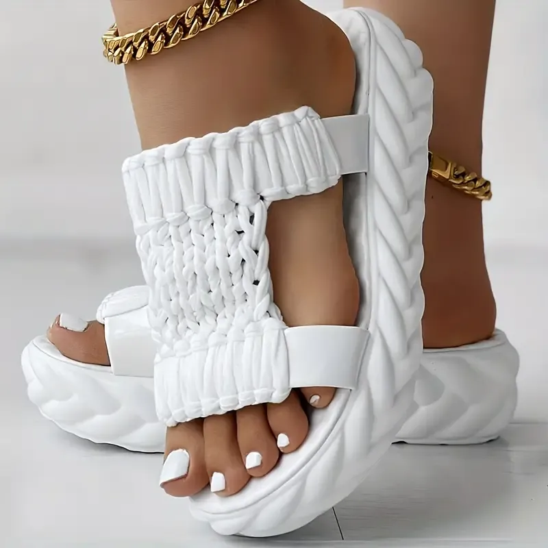 Soft Sole Women's Solid Color Braided Sandals, Slip On Platform Daily Shoes for Summer Comfy Slides