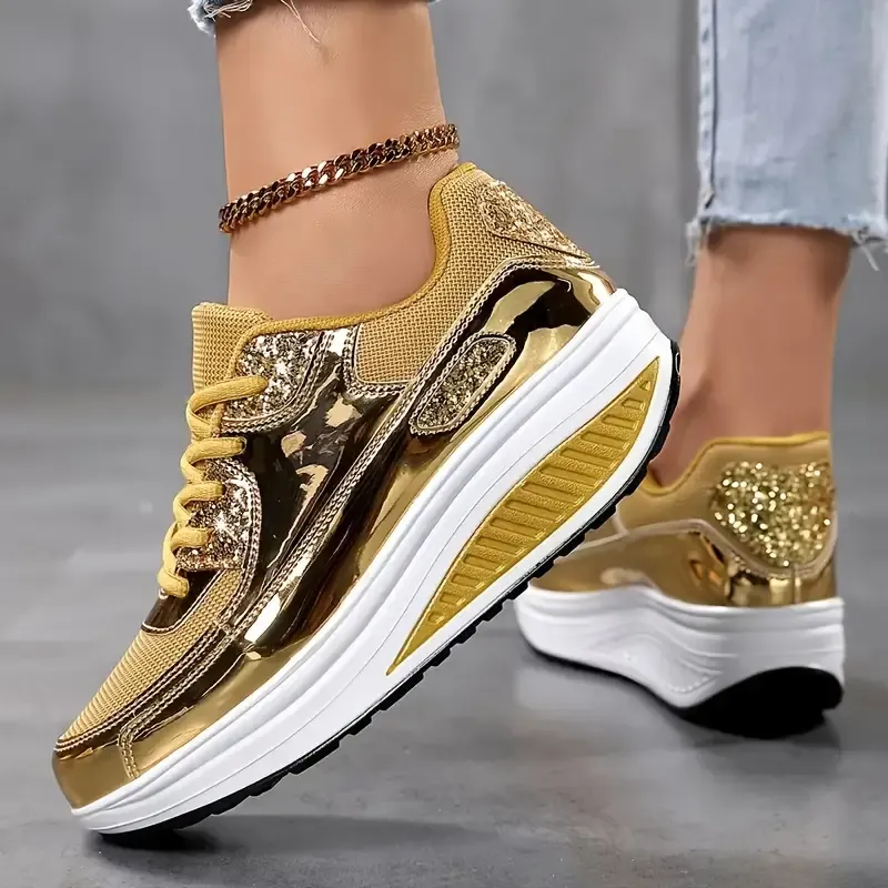 Women's Fashion Shiny Golden Lightweight Walking Sneakers, Comfortable Athletic Outdoor Shoes, Modern Breathable Mesh Design With Platform Sole