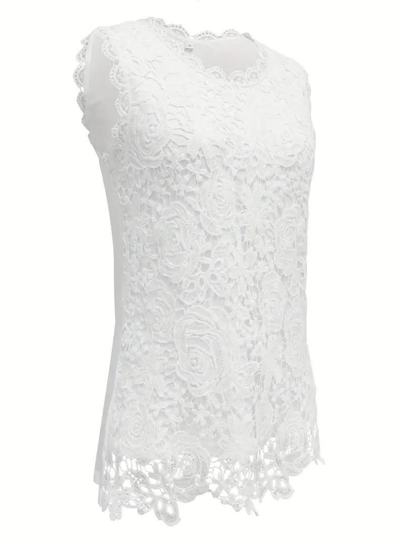 For  Summer, Elegant Floral Pattern Sleeveless Contrast Lace Crew Neck Tank Top, Women's Clothing with Solid Scallop Trim