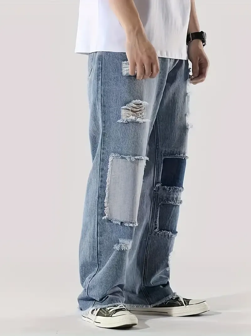 Loose Fit Men's Casual Denim Pants, Chic Street Style Patchwork Jeans K-pop