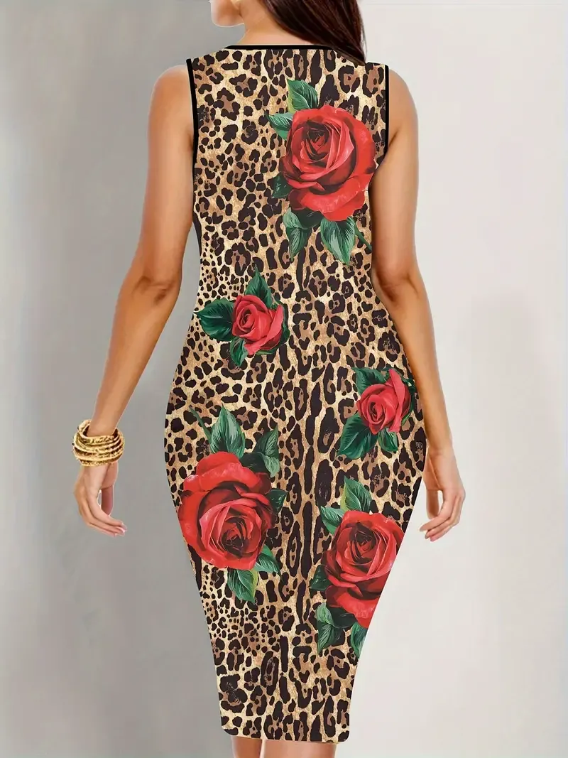 Floral Print Crew Neck Dress, Casual Sleeveless Bodycon Tank Dress For Spring & Summer, Women's Clothing