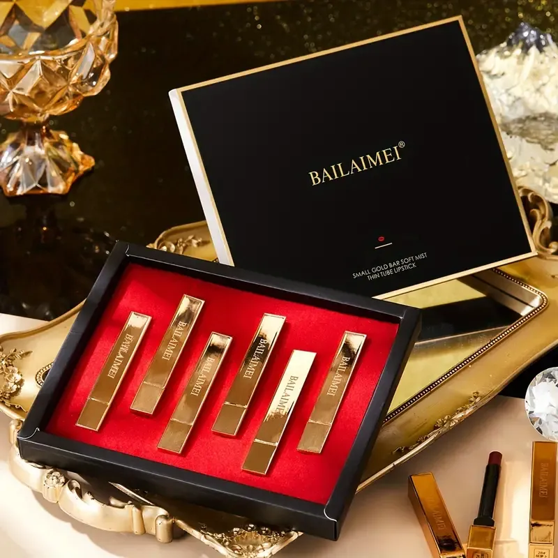 6pcs Berry Shade Lipstick Set - Matte Finish, Long-Lasting Waterproof Formula, Perfect Valentine's Gift in Elegant Golden Box