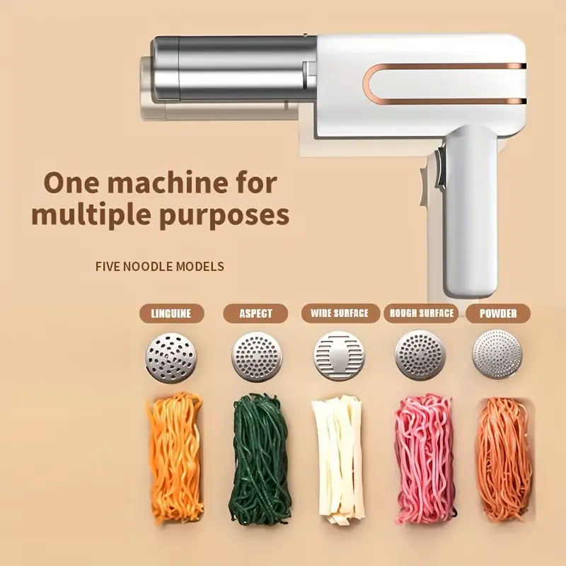1pc Portable Electric Pasta Maker, Handheld Wireless Automatic Noodle Machine with 5 Interchangeable Molds, USB Rechargeable, Multipurpose Kitchen Tool for Home Use, ABS Material, Automatic Operation, <1L Capacity, Lithium Battery