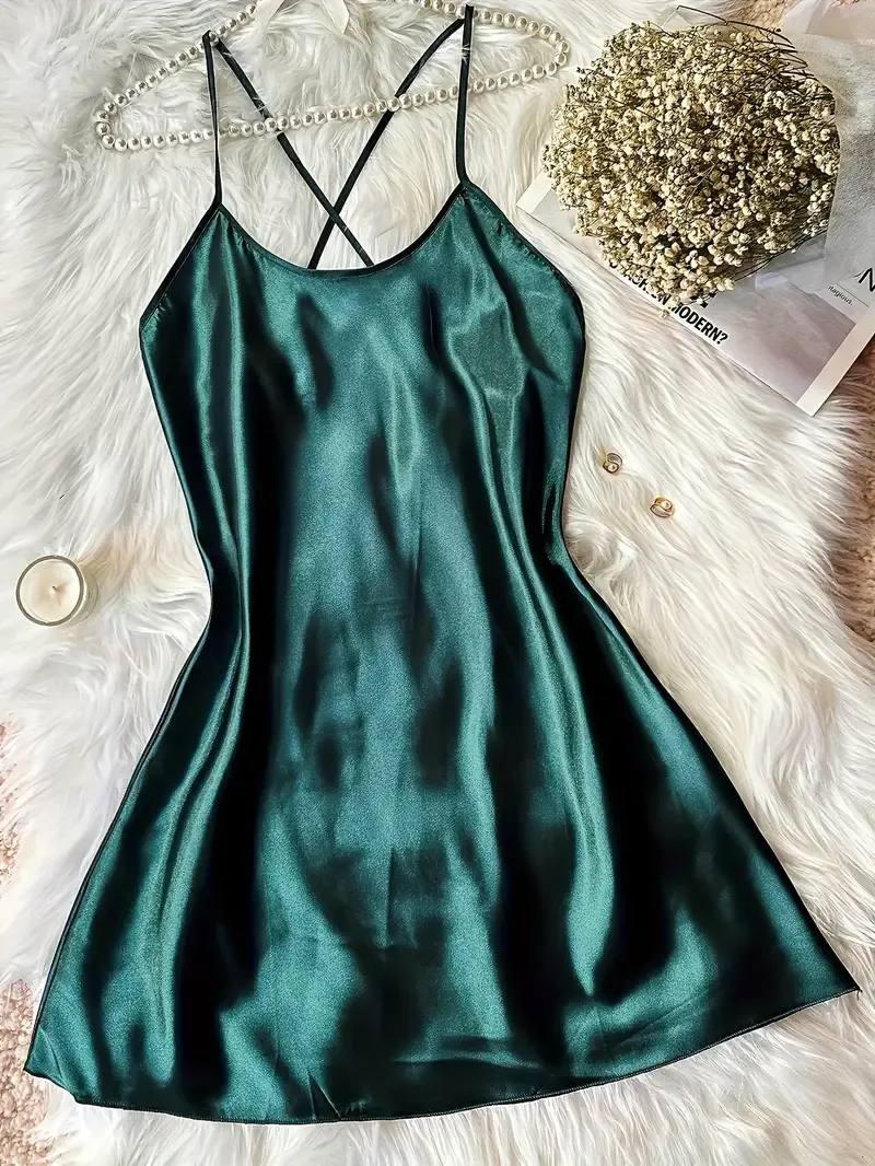 Women's Satin Slip Dress, Breathable Sexy Backless Chemise, Fashion Solid Color Short Nightgown, Soft Sleepwear, Elegant Home Garment, Loungewear