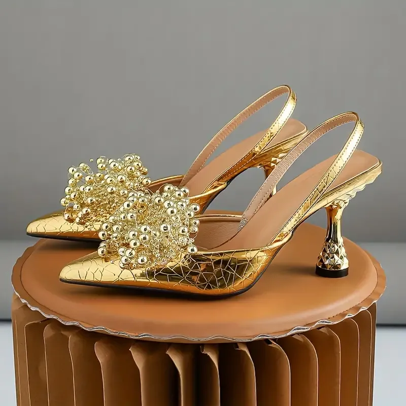Women's Beaded Decor Sandals, Ankle Strap Casual Chunky Heel Party Show Shoes, Point Toe Lightweight Shoes