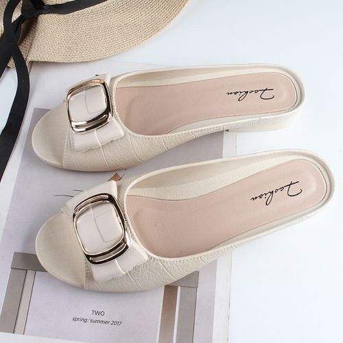 Women's Solid Color PVC Sandals, Buckle Decor Soft Sole Flat Casual Walking Slides, Non-slip Summer Slides