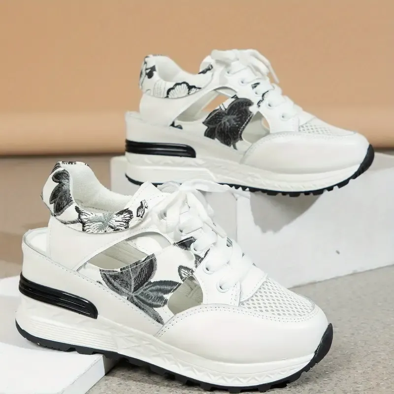 Thick Soled Leaf Embroidered Women's Wedge Sandals, Lace Up Mesh Sports Comfort Casual Sneakers