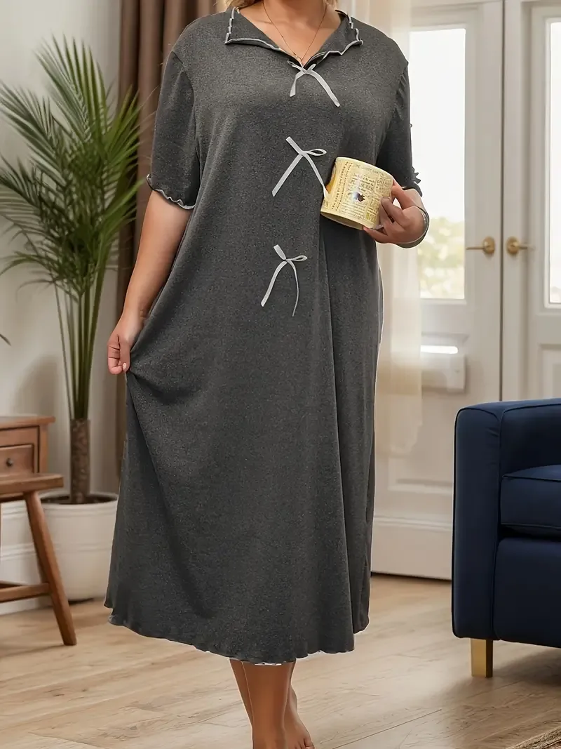 Women's Plus Casual Sleep Dress, Plus Size Bow Decor Short Sleeve V Neck Nightdress
