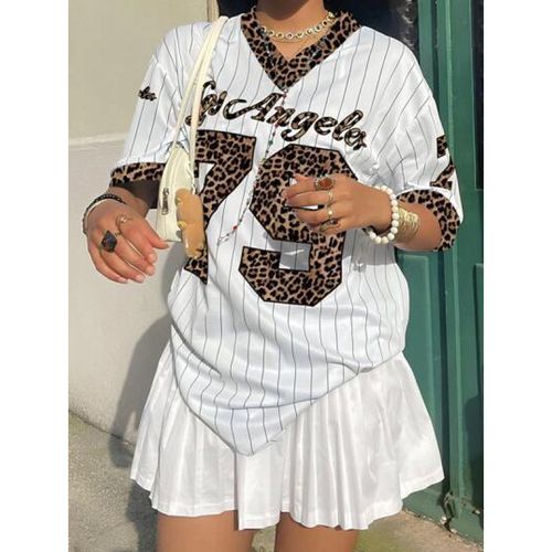 Retro jersey loose street V-neck striped short-sleeved T-shirt top