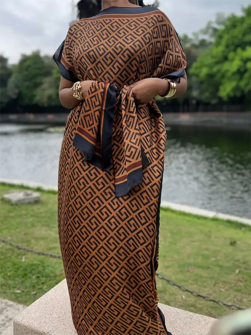 Allover Print Boat Neck Maxi Dress, Elegant Batwing Sleeve Cover Up Dress With Hijab, Women's Clothing