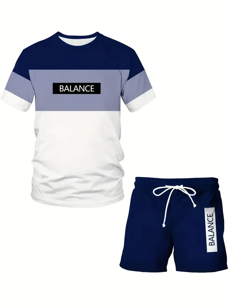 Summer men's 3d printing casual hip-hop sports loose round neck short-sleeved shorts suit