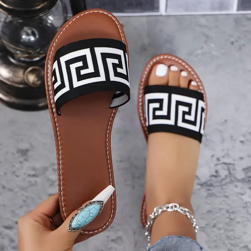 Women's Greek Print Sandals, Slip On Lightweight Flat Summer Vacation Slides, Casual Beach Slides