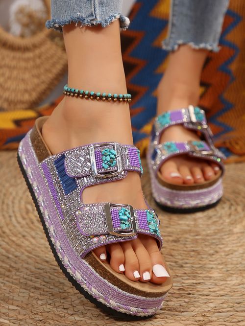 Summer New Arrival: Chunky-Soled Hemp Rope Double-Buckle Rhinestone Cork Beach Sandals