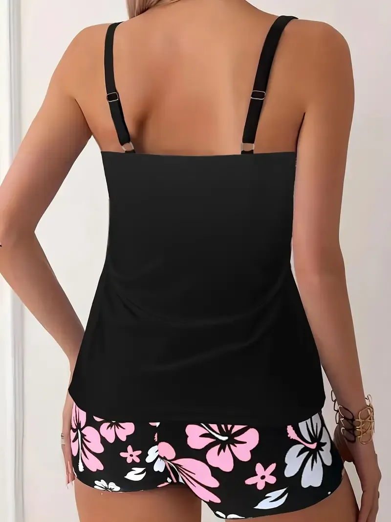 2pcs Floral Print Tankini and Peace Angle Swimsuit Sports Suit