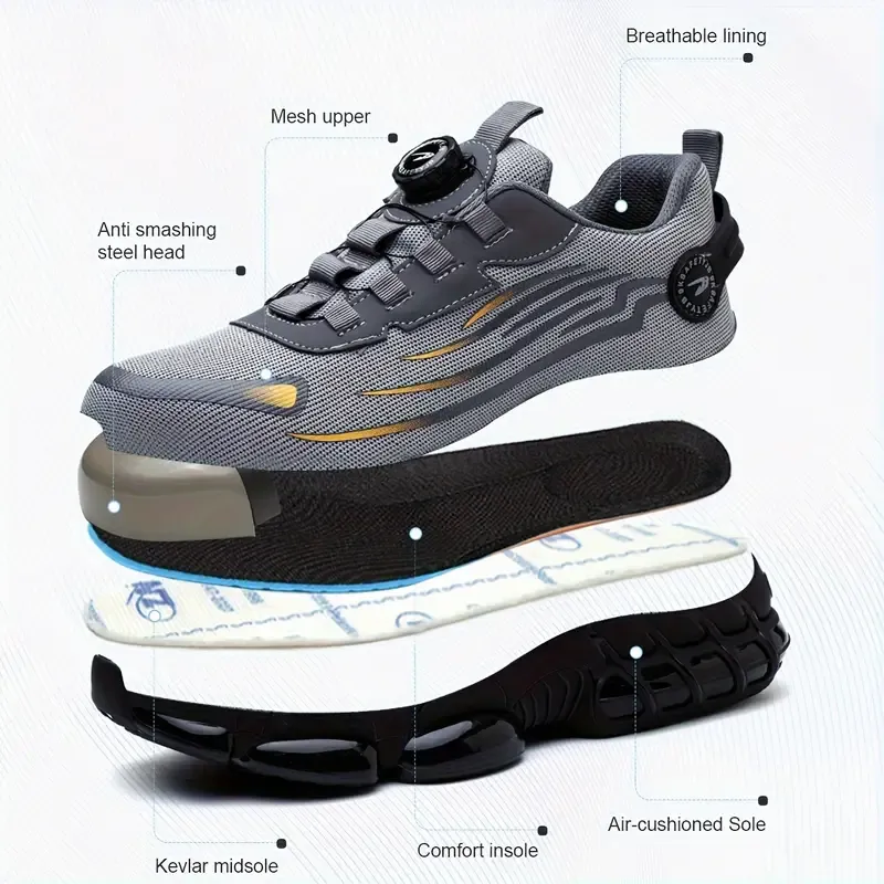 Breathable Men's Steel Toe Safety Shoes with Rotating Buckle, Comfy Non Slip Durable Work Footwear