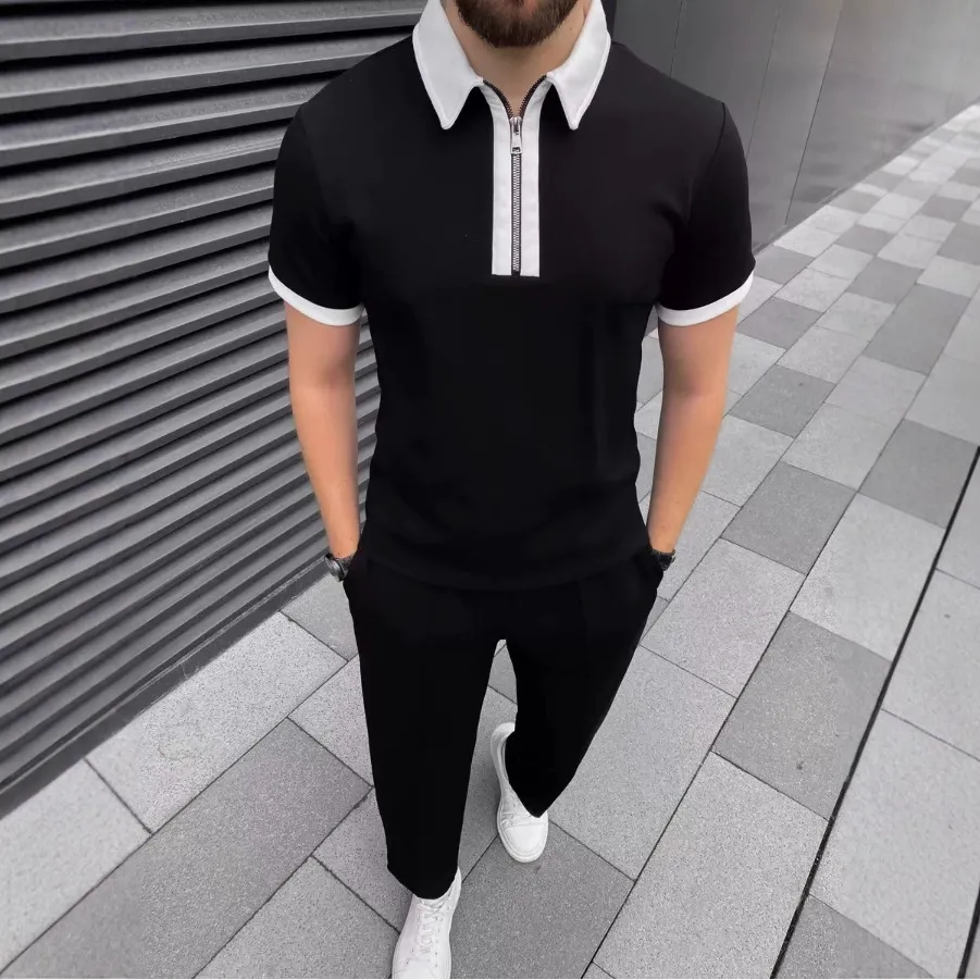 Men's polo shirt with zipper, casual short-sleeved short pants set
