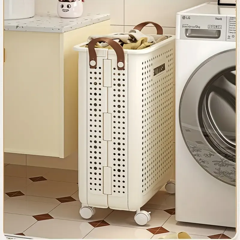 Space-Saving Foldable Storage Basket with Wheels - Versatile Organizer for Towels, Clothes, Toys & More - Durable, Easy-to-Clean Design for Home, Kitchen, Bathroom & Spa Essentials