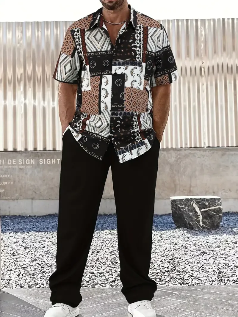 2-piece Men's Casual Summer Outfit Set, Geometric Pattern Print Short Sleeve Button Up Lapel Shirt Top & Solid Drawstring Pants With Pockets
