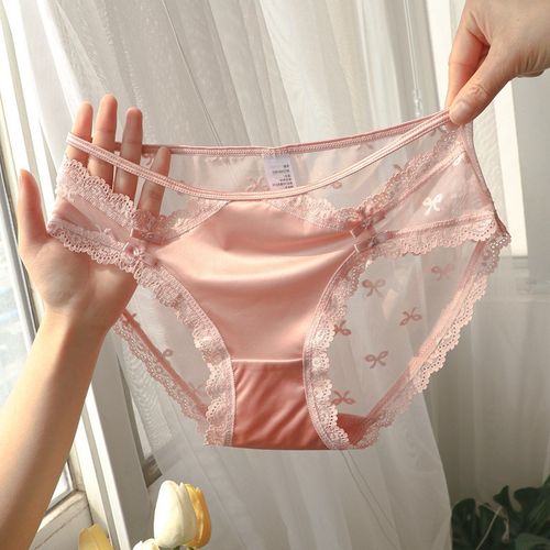 Women Simple Low Waist Ice Silk Mesh Lace Panties