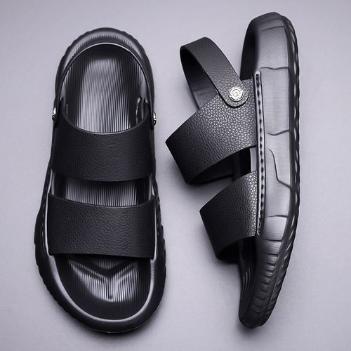Men's trendy new style top-grain cowhide slippers, soft-soled, genuine leather beach shoes, thick-soled sandals for outdoor wear