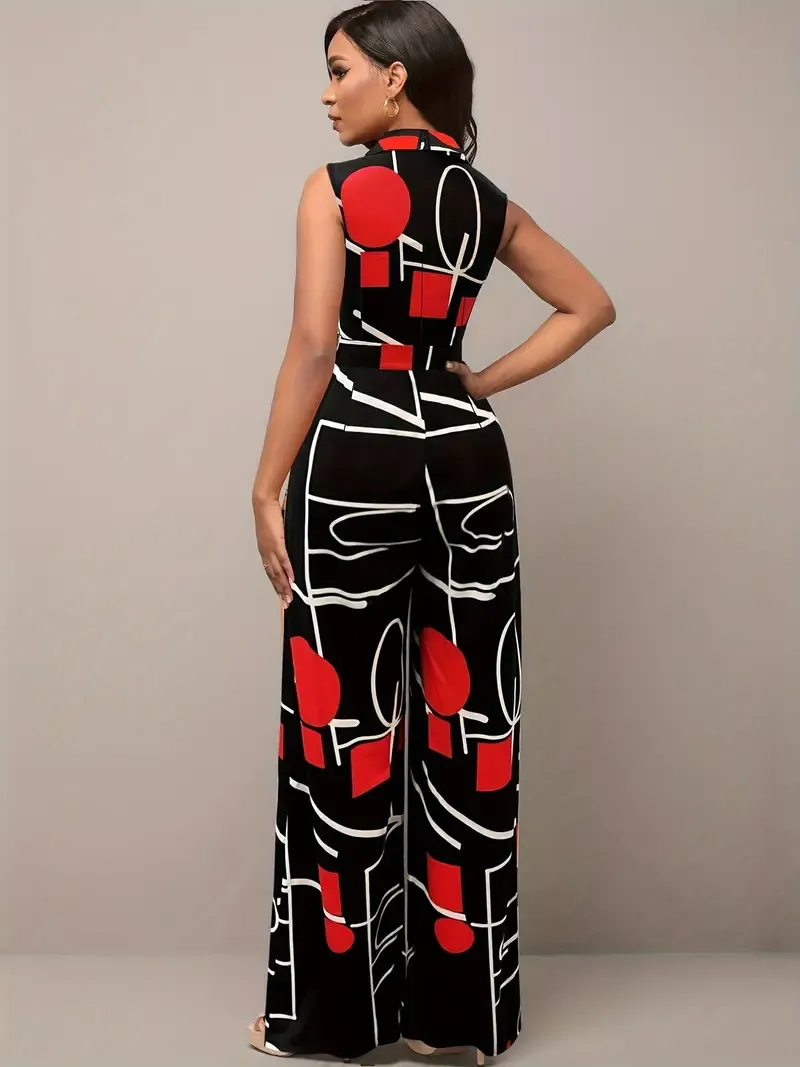 Geo Print Button Front Jumpsuit, Elegant Sleeveless Jumpsuit For Spring & Summer, Women's Clothing