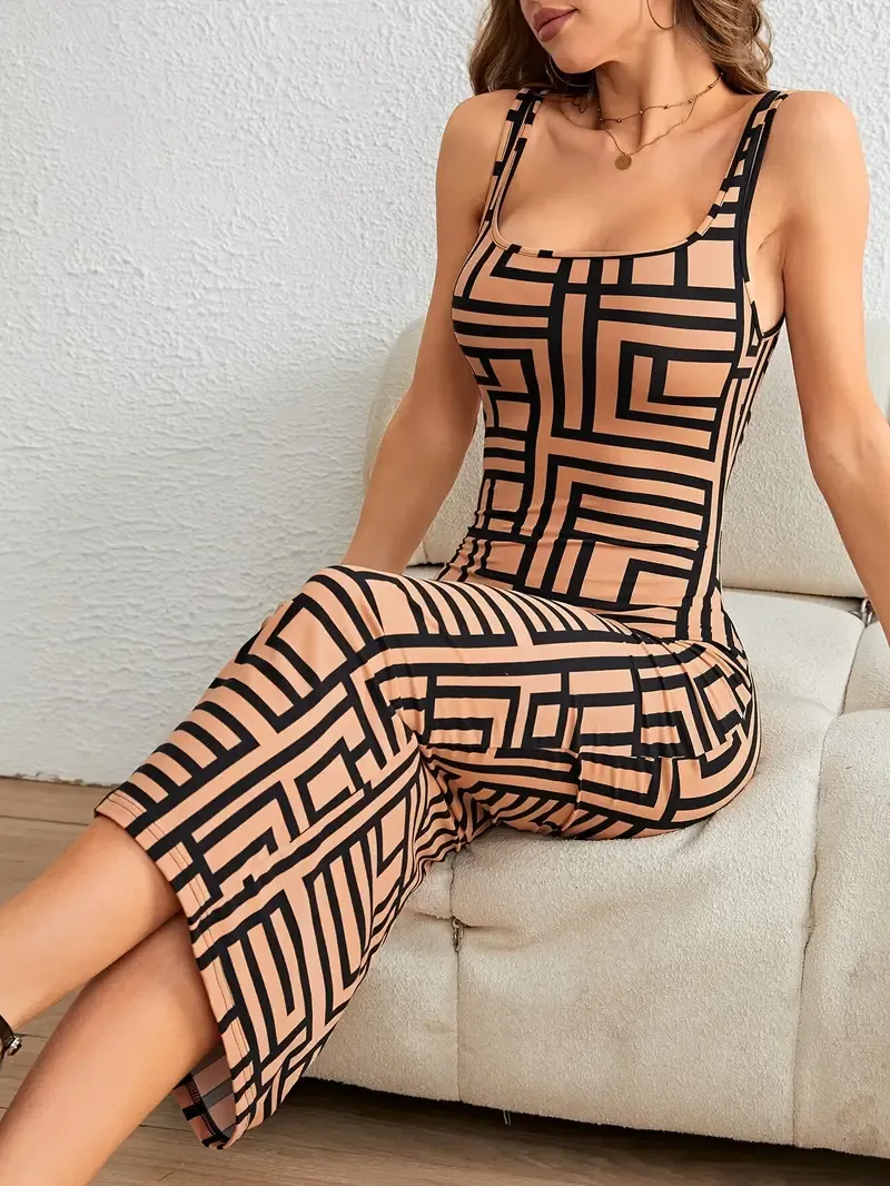 Geo Print Square Neck Tank Dress, Elegant Sleeveless Bodycon Dress For Spring & Summer, Women's Clothing