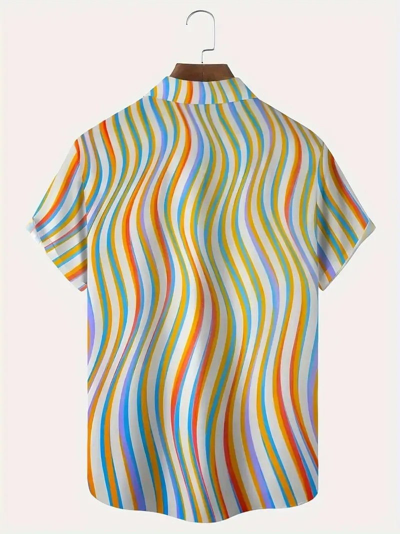 Vintage Rainbow Striped Print Men's Button Up Short Sleeve Shirt – Retro Style Casual Summer Shirt For Outdoor Activities Holiday Leisure Time