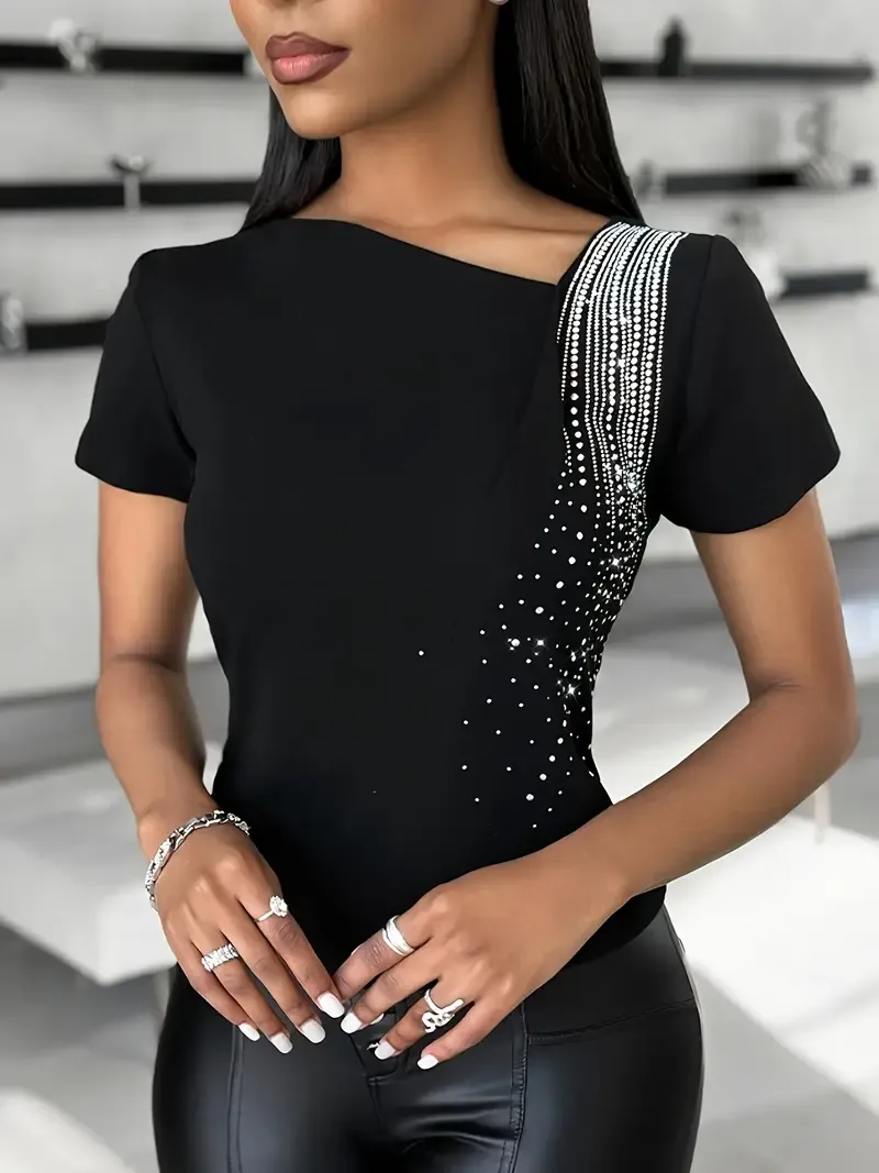 Abstract Print Skew Neck T-Shirt, Casual Short Sleeve T-Shirt For Spring & Summer, Women's Clothing