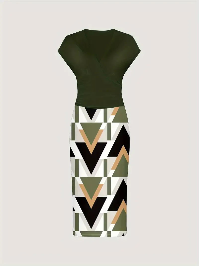 Geo Print Color Block Dress, Elegant V Neck Short Sleeve Dress, Women's Clothing