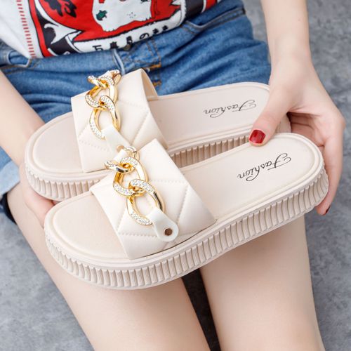 Women's Chain & Rhinestone Decor Sandals, Casual Slip On Platform Summer Shoes, Comfortable Beach Shoes