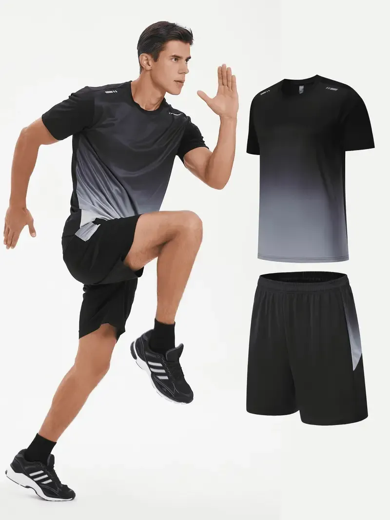 Men's Quick-Dry Gradient Sports Set - 2pcs, Short Sleeve T-Shirt & Shorts for Running, Fitness & Casual Wear