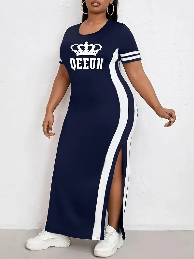Plus Size Glamorous Crown & Letter Print Dress with Flirty Slit