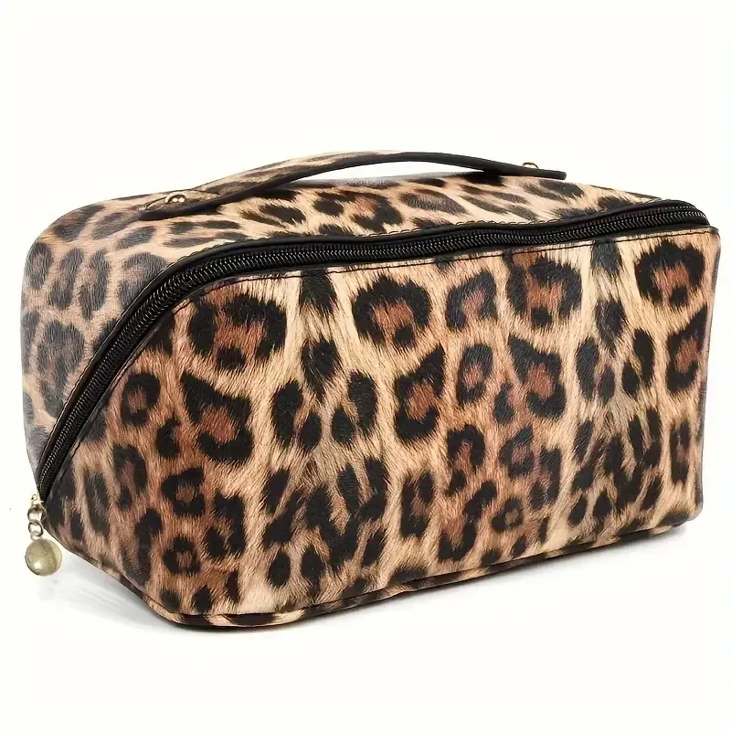 Stylish Leopard Pattern Zipper Makeup Bag, Lightweight Carry On Bag, Versatile Toiletry Wash Bag